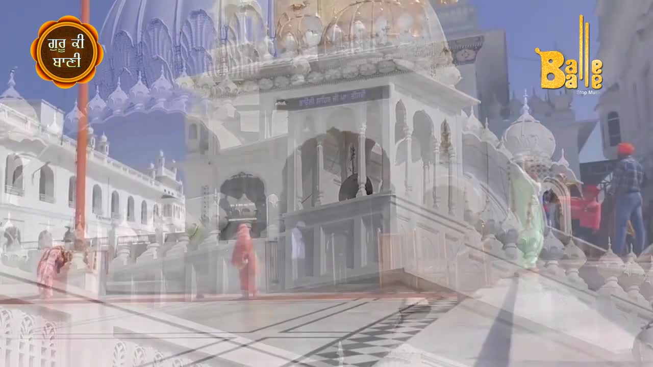 People in bright clothing are walking on the marble walkways, while the sunlight reflects off the white architecture of the Gurudwara. The Balle Balle logo is in the corner.
