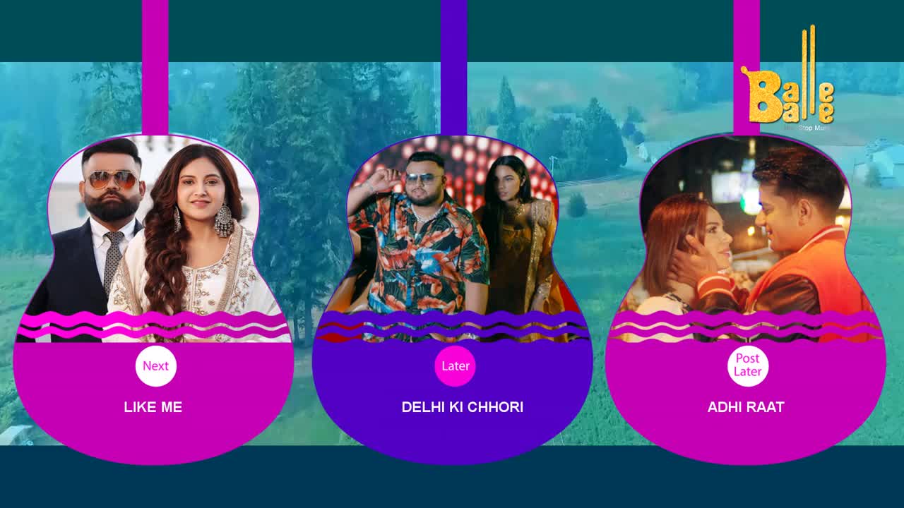 Three music video previews hang like ornaments, each in a guitar shape. The "Balle Balle" logo sits above, and the titles of the songs are displayed below each image.
