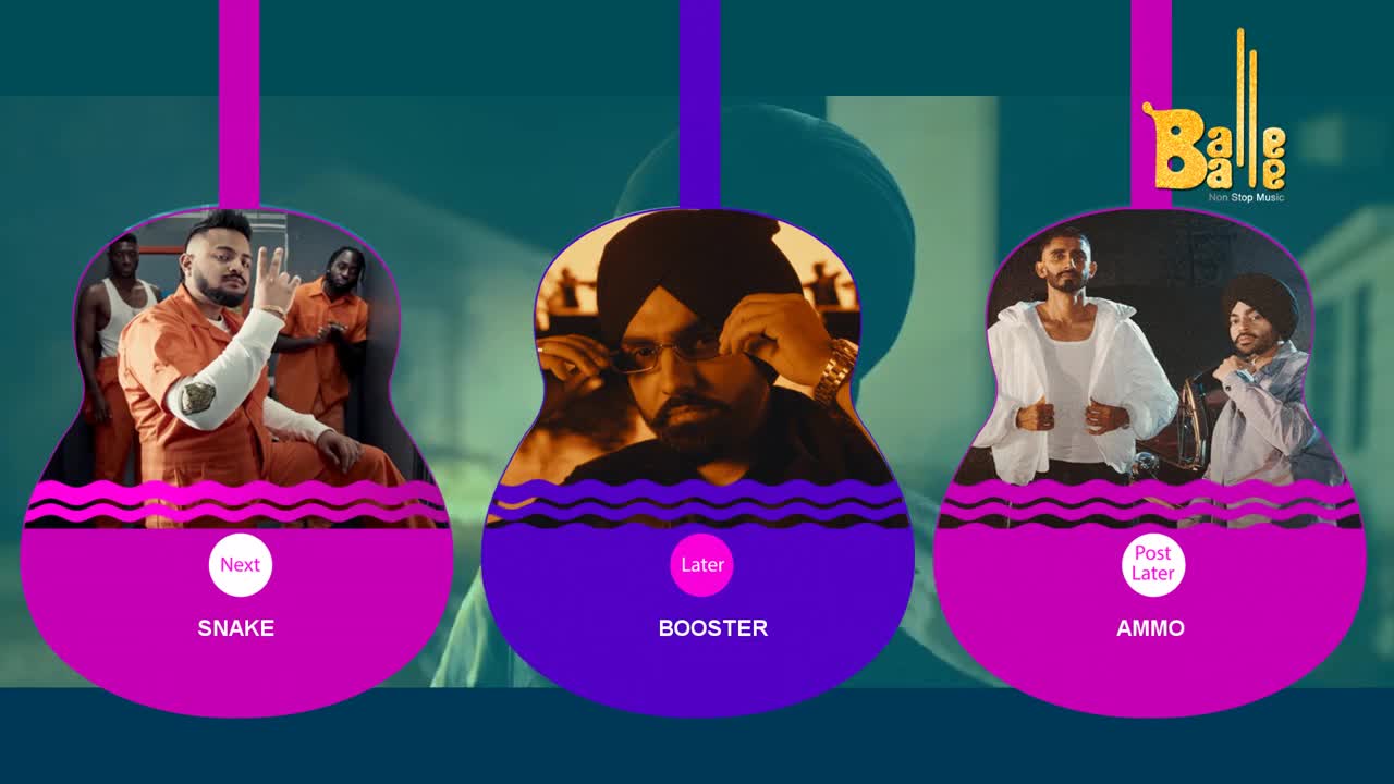 Three music videos are framed inside guitar shapes, each in a different stage of play. The "Balle Balle" logo sits at the top right, indicating the channel.
