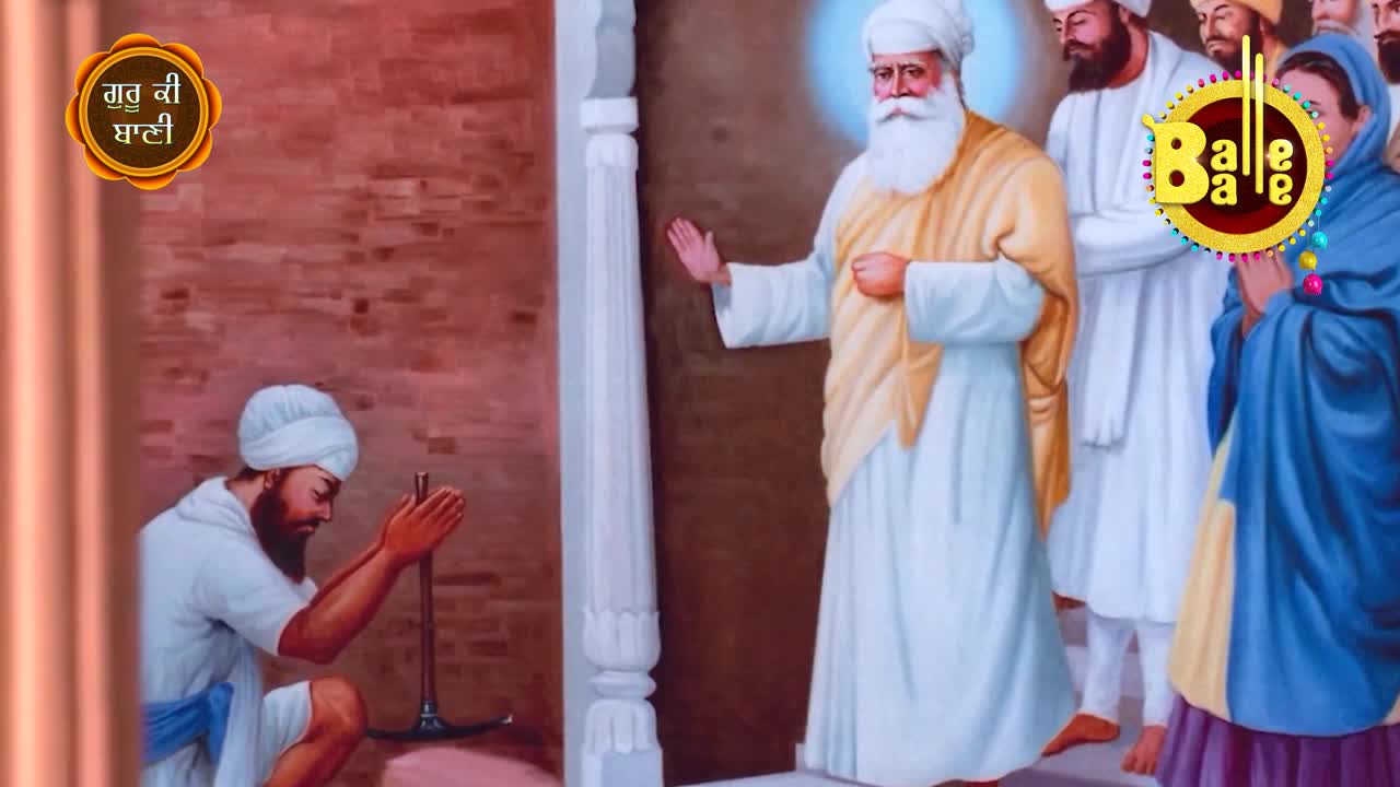 A man in white kneels in prayer, hands clasped around a staff. Beside him, a figure in a yellow shawl gestures outward, as a group of people in turbans and shawls gather around.

