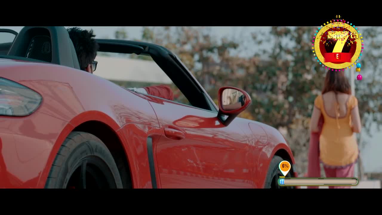 A red convertible sits parked, the driver's back to me. A woman in a yellow outfit walks away, the car's progress bar hovering near the bottom of the screen.
