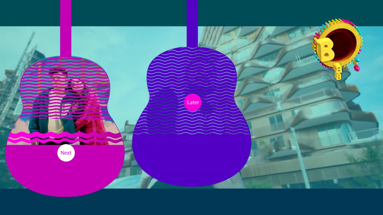 Two guitar-shaped graphics frame a couple, one with a "Next" button, the other with "Later." A Balle Balle logo floats above a modern building, hinting at the setting.

