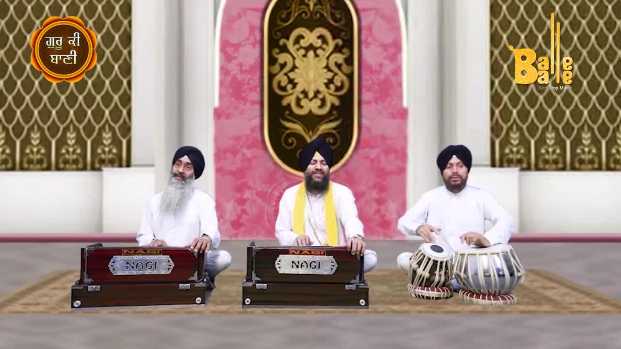 Three men in white are seated on the floor, playing instruments. The central figure has a yellow scarf and the others have long beards, while the tabla player keeps the beat.
Three men in white are seated on the floor, playing instruments. The central figure has a yellow scarf and the others have long beards, while the tabla player keeps the beat.