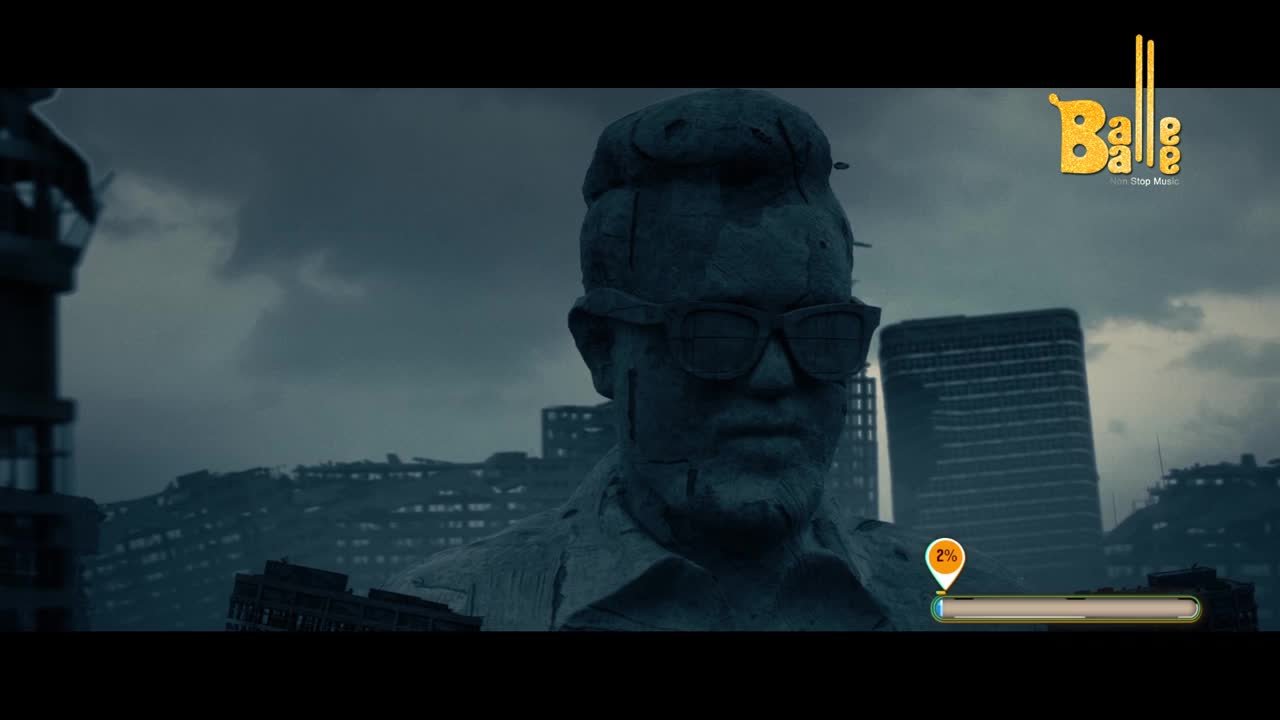 A giant stone head, wearing sunglasses, looms over a ruined cityscape under a stormy sky. The Balle Balle logo sits in the top right, with a progress bar at the bottom.
A giant stone head, wearing sunglasses, looms over a ruined cityscape under a stormy sky. The Balle Balle logo sits in the top right, with a progress bar at the bottom.