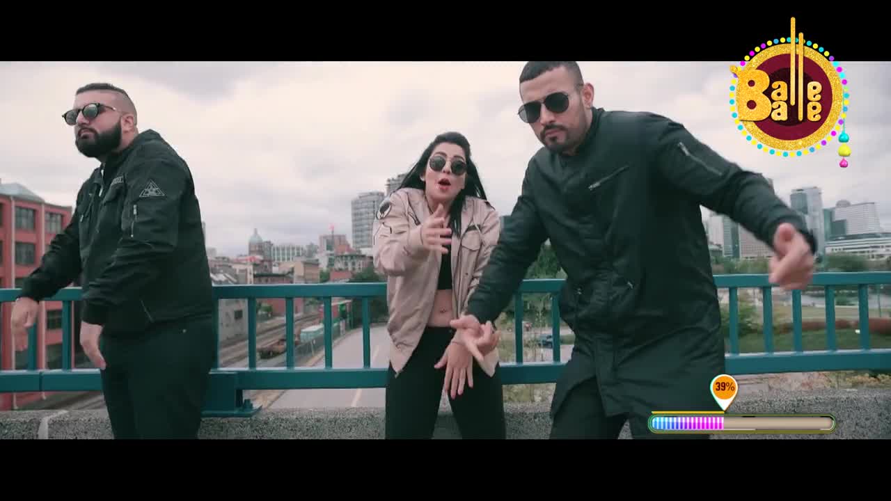 Three people in sunglasses are dancing on a bridge, with the city skyline behind them. The woman in the middle is gesturing with her hands, and the "Balle Balle" logo is in the top right corner.
