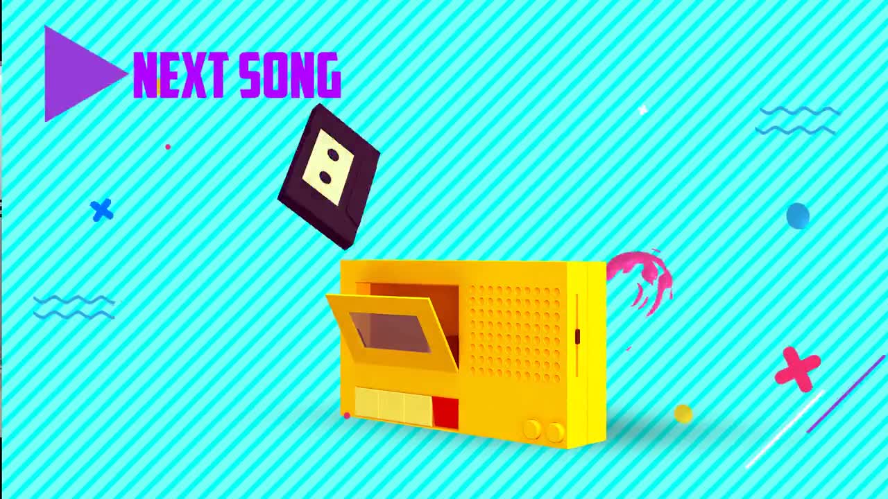 A purple triangle points to "NEXT SONG" as a cassette tape is ejected from a bright yellow boombox. The background is a vibrant teal with diagonal white stripes and scattered colorful shapes.