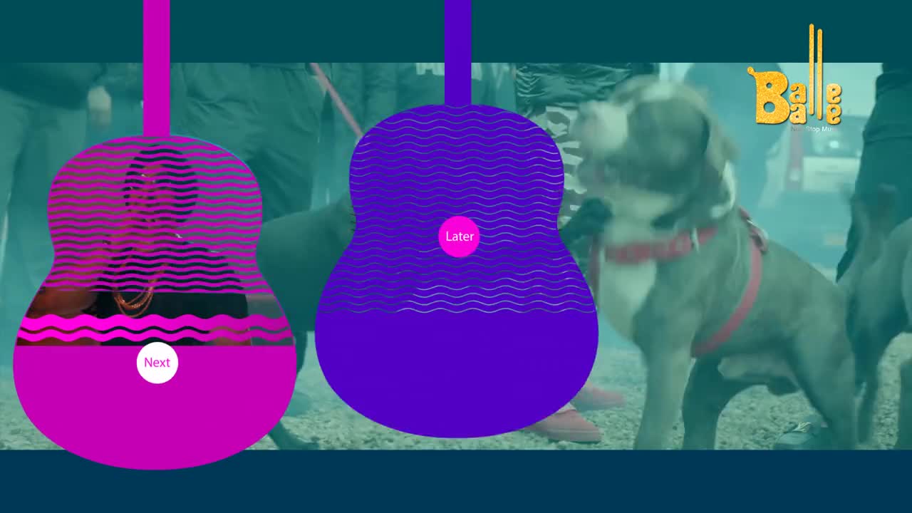 A muscular dog with a red harness strains forward, its mouth open as if barking. Beside it, a man's face appears within a vibrant pink guitar shape, a "Next" button glowing below him.