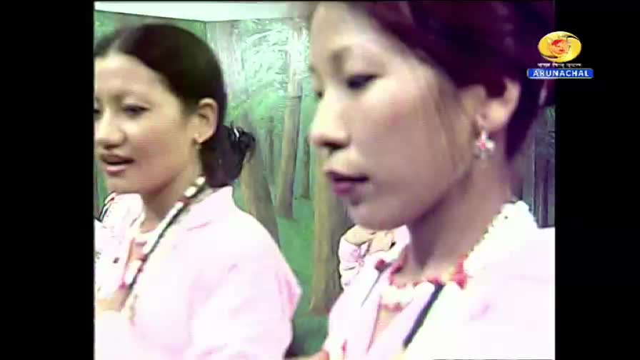 Two women, dressed in light pink shirts, are looking off-camera, possibly engaged in a performance on DD Arun Prabha from India. The backdrop behind them seems to be a painted forest scene.

