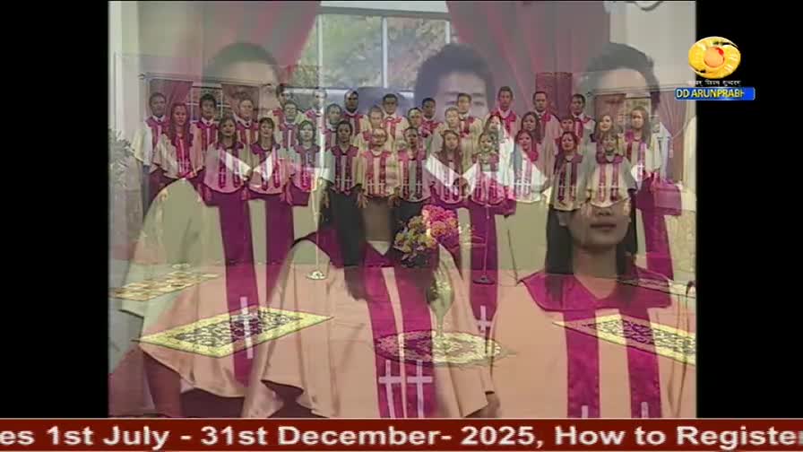 A choir in matching robes stands arranged in rows, their faces visible. The DD Arun Prabha logo is in the corner, and a banner at the bottom mentions registration details.
