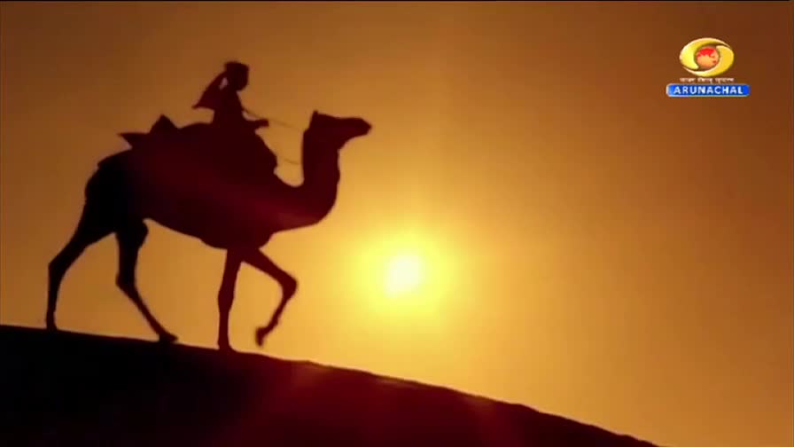 A camel, with a rider silhouetted against the bright sun, ambles across a dune. The DD Arun Prabha logo is visible in the upper right corner.
