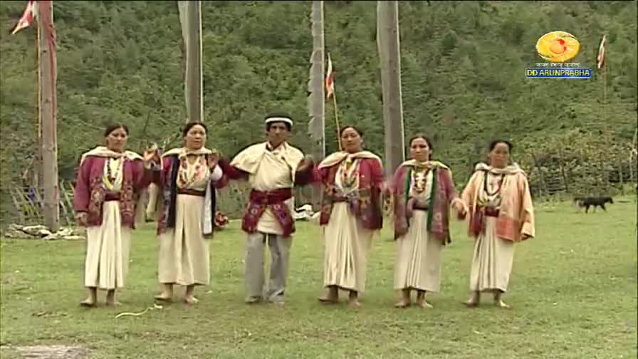 A group of six people, dressed in traditional Indian attire, stand in a line on a grassy field. A black dog trots in the background, near a fence.