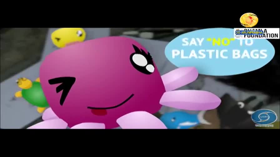 A bright pink octopus character with large eyes and a smiling mouth is front and center, its tentacles reaching out. Behind it, a green turtle and a yellow blob-like creature move along, all part of a message from DD Arun Prabha Foundation about saying "no" to plastic bags.