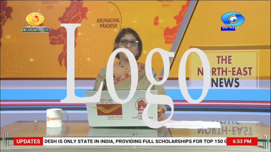 A woman in a sari is presenting news on DD Arun Prabha. The screen displays "THE NORTH-EAST NEWS" behind her.