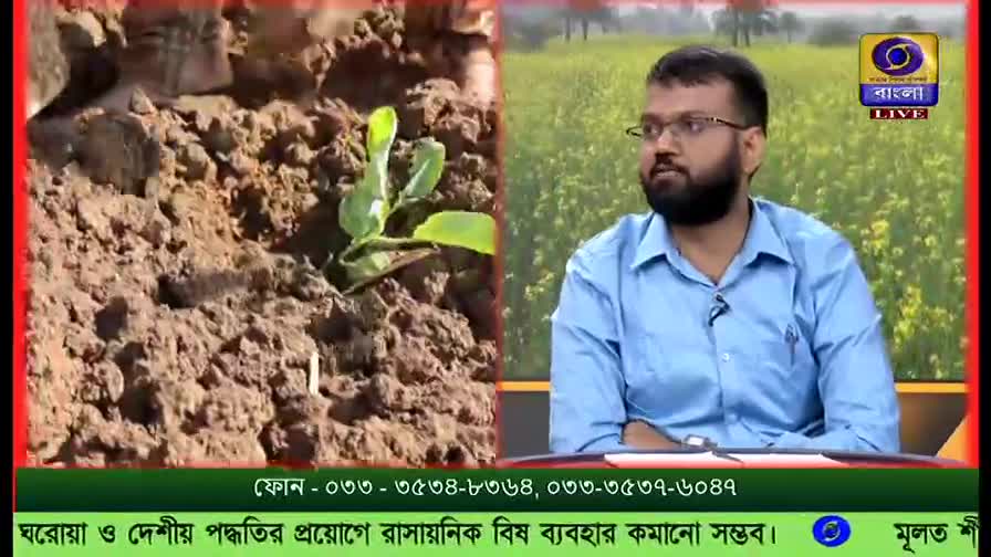 A young plant sprouts from the dark soil on the left side of the screen. Across the frame, a man with glasses and a beard sits in front of a backdrop, likely discussing agricultural practices on DD Bangla.
