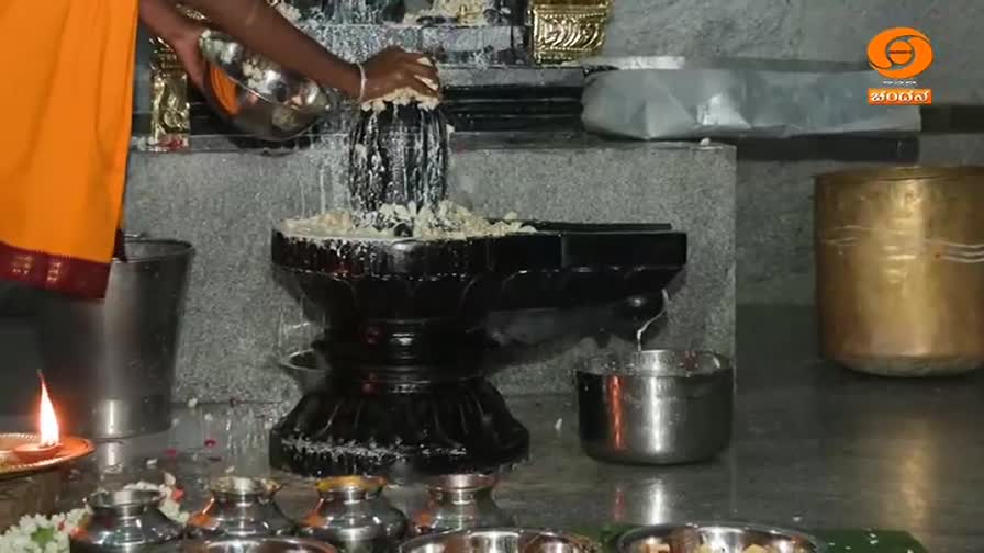 A person in an orange garment pours a creamy substance over a black lingam. The liquid cascades down, collecting in a small metal bowl below.
