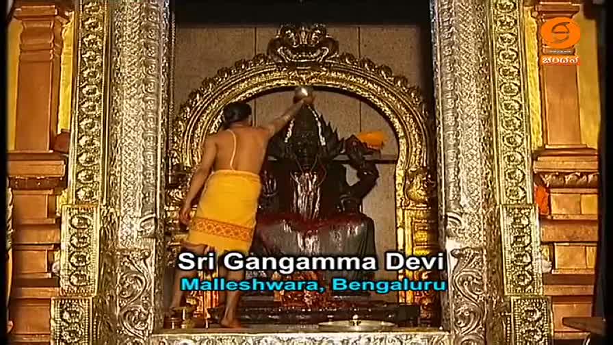 A man in a yellow dhoti pours liquid from a small vessel over a dark statue of Sri Gangamma Devi. The scene is being broadcast on DD Chandana, with text identifying the location as Malleshwara, Bengaluru.
