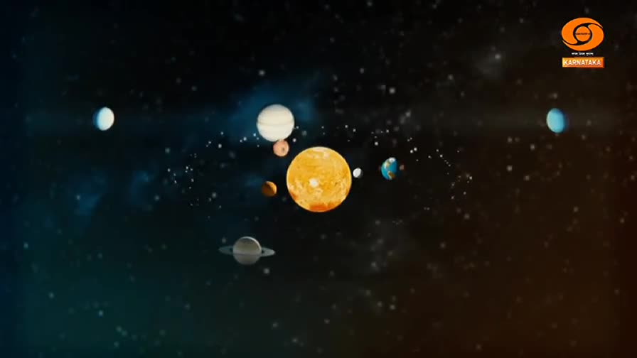 A bright, yellow sun sits at the center, surrounded by colorful planets of varying sizes. The scene is a stylized representation of the solar system, likely part of an educational segment on DD Chandana.
A bright, yellow sun sits at the center, surrounded by colorful planets of varying sizes. The scene is a stylized representation of the solar system, likely part of an educational segment on DD Chandana.