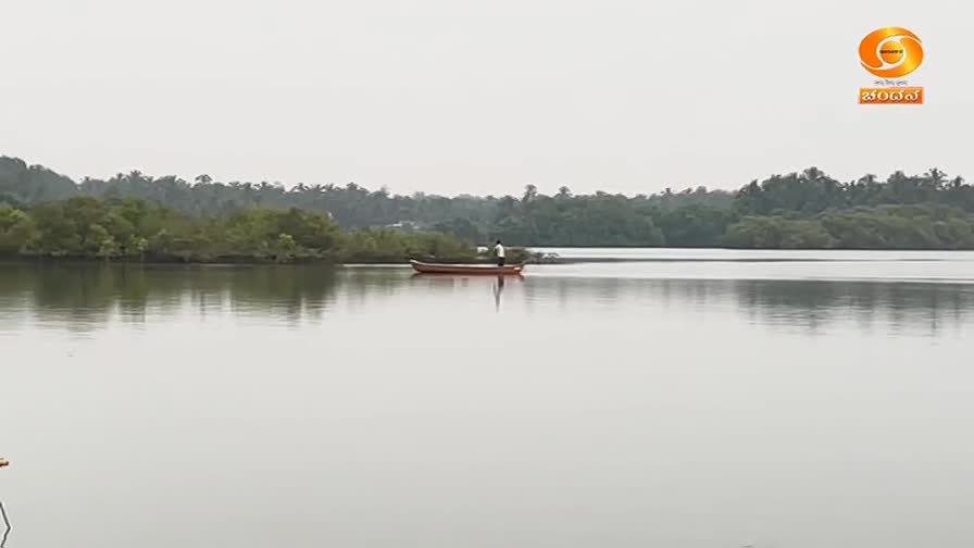 A small boat, with a single figure standing, glides across the calm water. The overcast sky and the trees along the banks create a tranquil scene, likely part of a DD Chandana broadcast.
A small boat, with a single figure standing, glides across the calm water. The overcast sky and the trees along the banks create a tranquil scene, likely part of a DD Chandana broadcast.