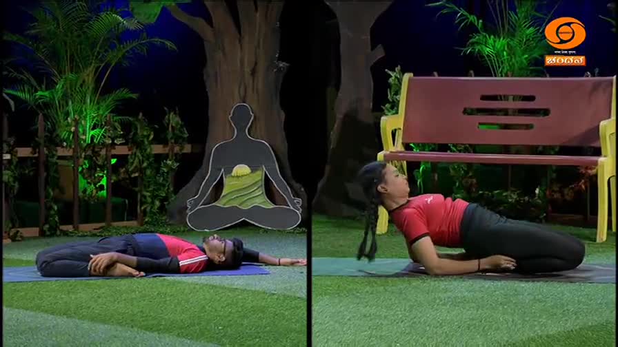 A man lies on his back, arms by his sides, on a blue mat. Beside him, a woman arches her back, resting on her forearms and knees. The DD Chandana logo is visible in the upper right.