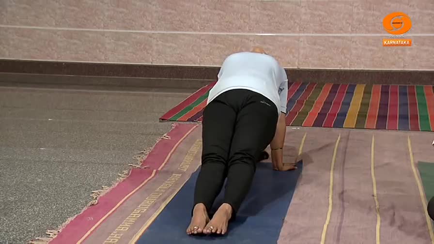 A person is holding a plank pose on a yoga mat, their body straight and supported by their hands and toes. This is part of a yoga session broadcast on DD Chandana.