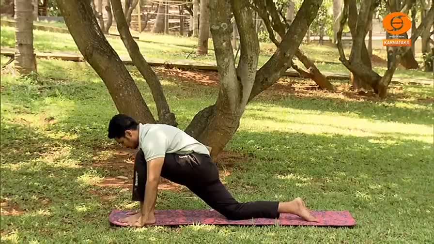 A man in black pants and a light green shirt holds a low lunge pose on a yoga mat in a park. Sunlight filters through the trees, dappling the grass around him.