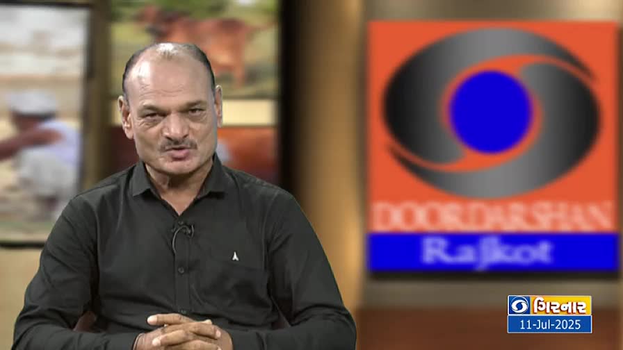 A man in a black shirt is speaking directly to the camera, his gaze steady. Behind him, the DD Girnar logo glows, a familiar sight on the screen.
