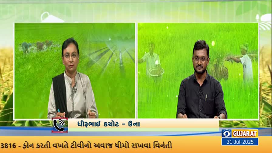 Two people are seated at a desk, speaking, while behind them, images of farmers working in a field are displayed. The broadcast from DD Girnar seems to be discussing agriculture, with a date in July 2025 visible on the screen.

