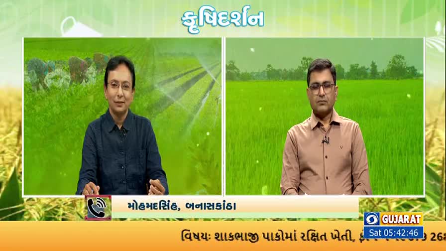 Two people sit at desks, speaking on a television program about farming. Behind them, green fields are displayed, and the DD Girnar logo is visible in the corner.
