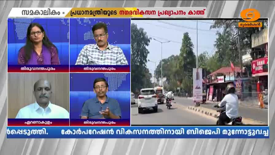 A white SUV passes by a motorcycle on a busy street in India.  A man in a white shirt rides his motorcycle down the road, while a white SUV follows behind him.