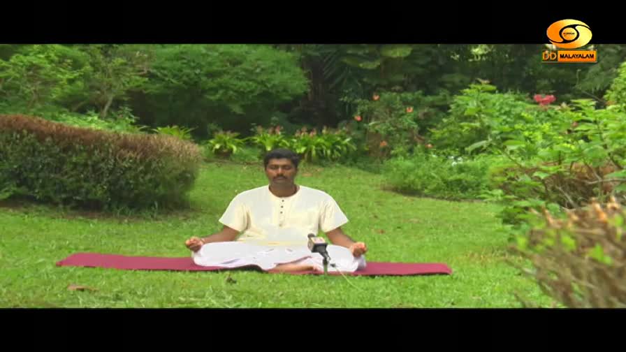 A man sits cross-legged on a maroon mat in a lush garden, his hands resting on his knees. The DD Malayalam logo appears in the upper right corner.