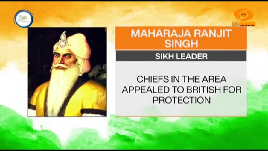 On the screen, a portrait of Maharaja Ranjit Singh, a Sikh leader, is displayed. Text beside his image reads, "CHIEFS IN THE AREA APPEALED TO BRITISH FOR PROTECTION." On the screen, a portrait of Maharaja Ranjit Singh, a Sikh leader, is displayed. Text beside his image reads, "CHIEFS IN THE AREA APPEALED TO BRITISH FOR PROTECTION."