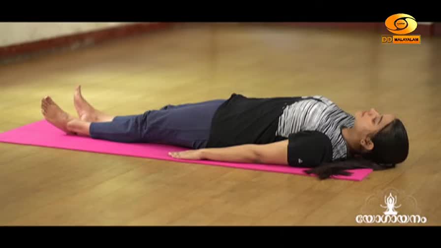 A woman lies on a bright pink mat, her arms and legs extended. The DD Malayalam logo is visible in the upper right corner.
