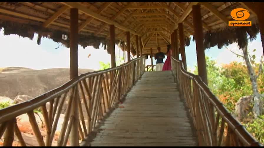 A man and woman walk up a wooden bridge covered with a thatched roof. The woman's pink sari stands out against the muted tones of the Indian landscape.