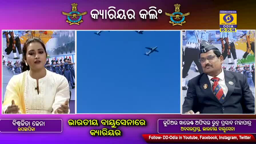 Above, a woman and a man are speaking on a DD Odia broadcast. In the background, several aircraft are flying in formation against a bright blue sky.
