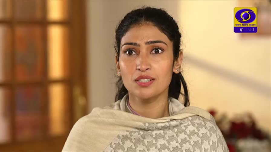 The woman in front of me is speaking, her eyes wide as she looks off-screen. A DD Punjabi logo sits in the corner, a sign of the broadcast.
