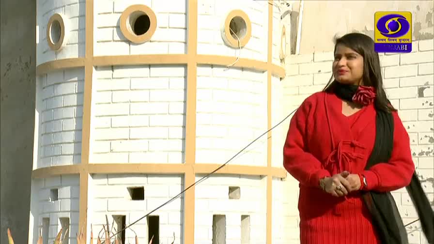 A woman in a red sweater and black scarf stands beside a miniature white structure, likely for a segment on DD Punjabi. She's smiling, gesturing slightly, as if she's about to speak.
