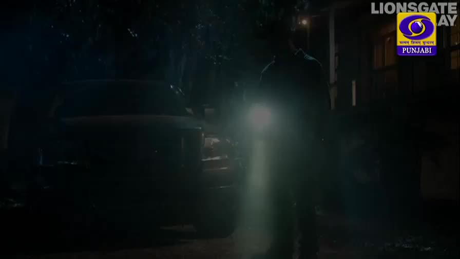 A man stands by a dark vehicle, his flashlight beam cutting through the night. The DD Punjabi logo is visible in the corner.