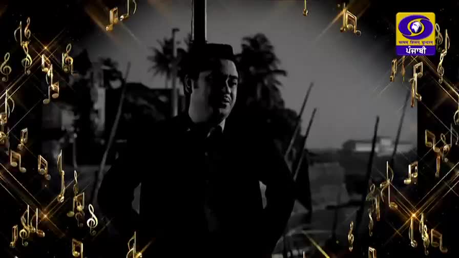 A man in a suit stands in profile, his gaze directed off-camera. Golden musical notes float around him, framing the DD Punjabi logo.