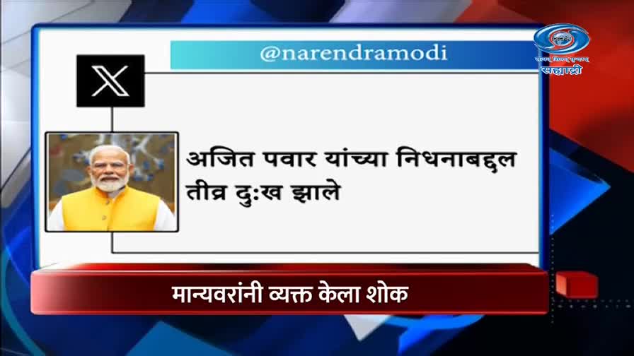 A tweet from @narendramodi is displayed, showing a picture of the Prime Minister and Marathi text expressing deep sorrow. Below this, a banner reads "Mānyavarāni vyakta kelā śok," meaning "Dignitaries expressed grief."