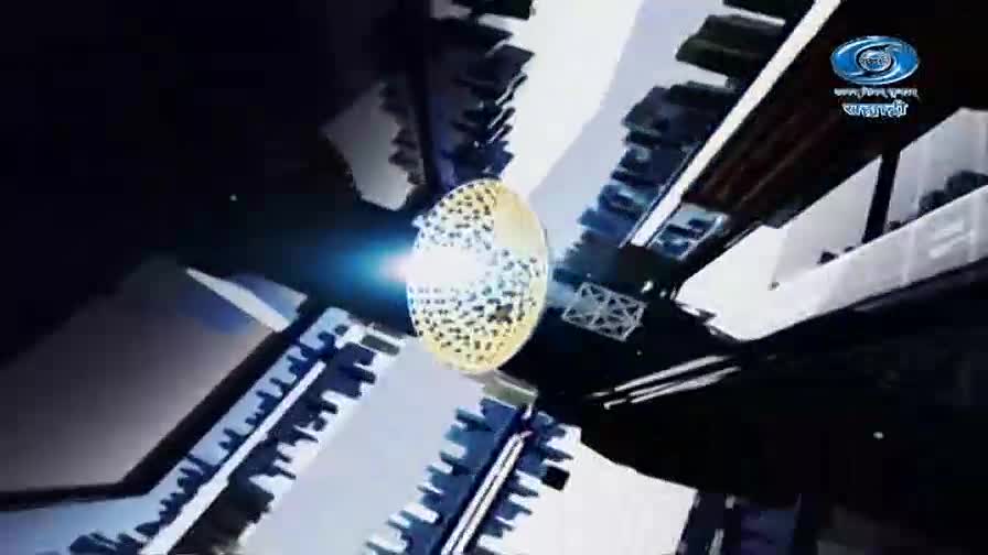 A golden disc, dotted with dark circles, spins at the center of a complex, dark structure. The DD Sahyadri logo appears in the upper right corner.