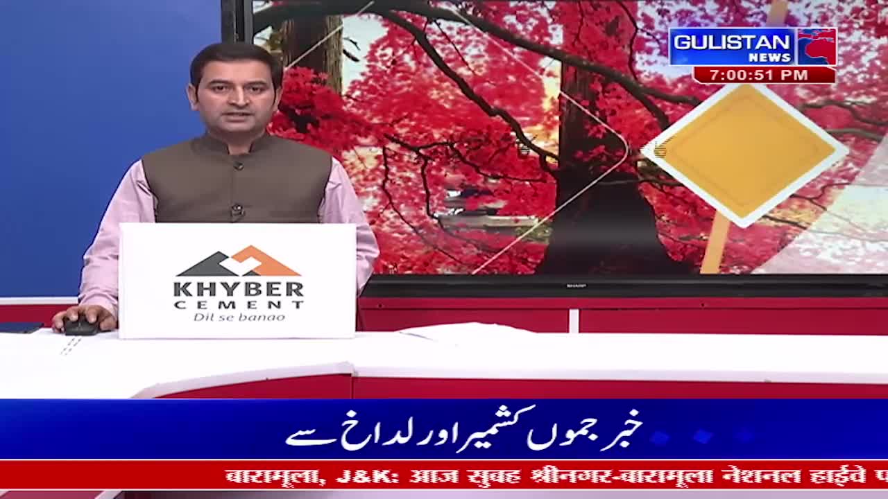 A man in a vest over a light pink shirt speaks at a desk, a white sign with the Khyber Cement logo in front of him. Behind him, a screen displays a vibrant red tree and the Gulistan News logo.