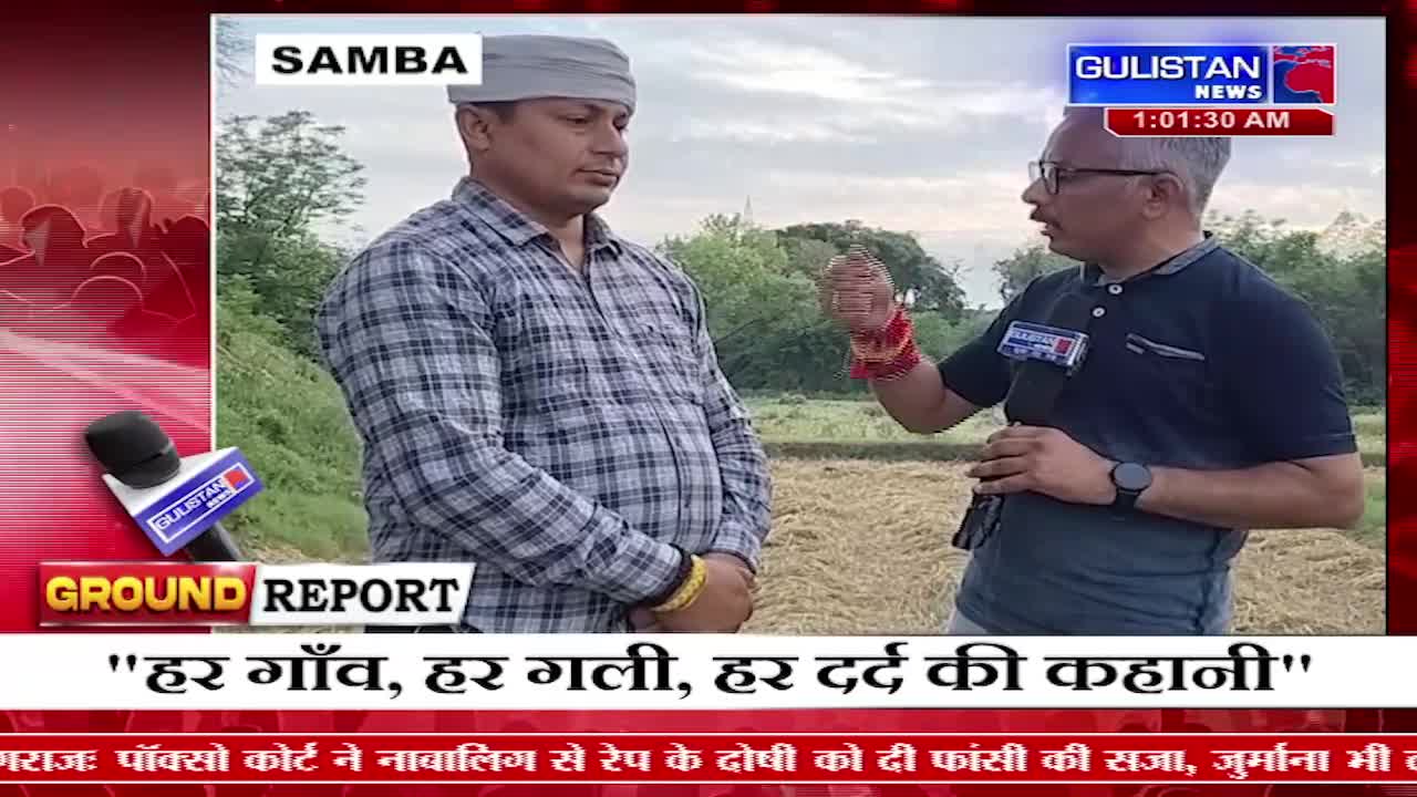 A Gulistan News reporter stands in a field, microphone in hand, interviewing a man in a plaid shirt. The reporter gestures with his free hand as he speaks, his voice carrying over the rustle of dry grass.