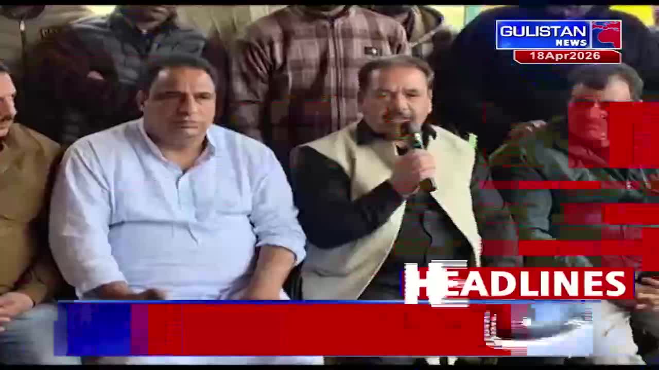A man in a light blue kurta speaks into a microphone, while another man in a light vest sits beside him. The Gulistan News logo and the date 18Apr2026 appear on screen.