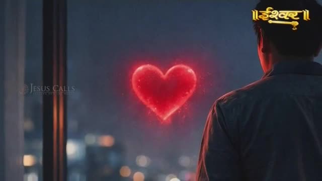 A glowing red heart pulses in the twilight sky, visible through a window. A young man stands with his back to me, looking out at the city lights.