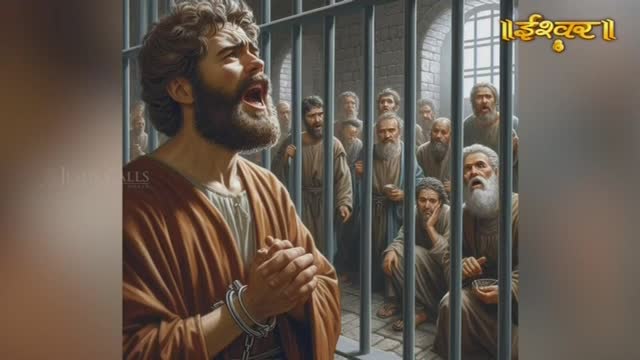 A man in chains cries out, his face turned towards the heavens. Behind him, other men in similar robes watch from behind bars, their expressions a mix of despair and hope.