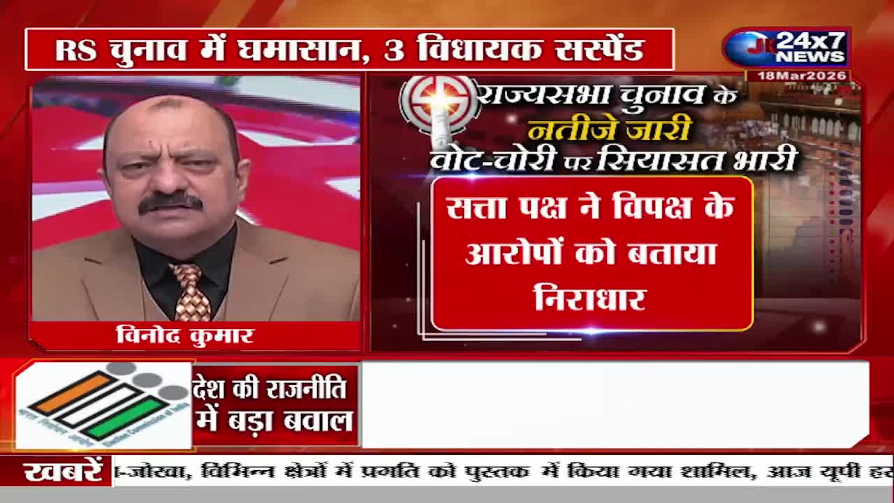 A man in a tan suit and patterned tie speaks directly to the camera, his expression serious. On the screen behind him, text in Hindi announces a political controversy surrounding Rajya Sabha elections.