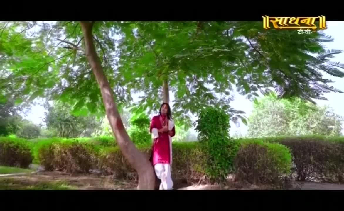 Under a canopy of green, a woman in a red and white outfit stands near a tree, the sunlight dappling through the leaves. The Sadhna logo is visible in the top right corner.
