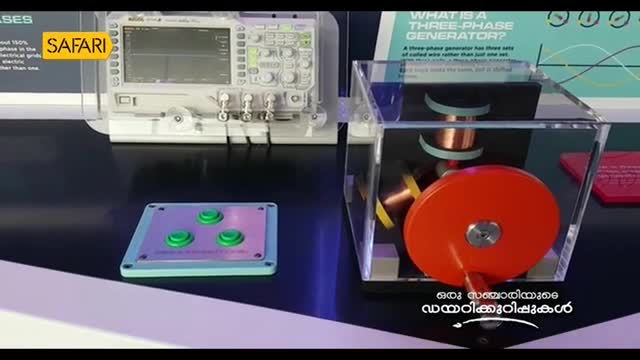 A demonstration of a three-phase generator is set up, with a spinning red disc inside a clear box. Next to it, a screen displays the Safari TV logo, and a control panel with three green buttons sits on the table.
