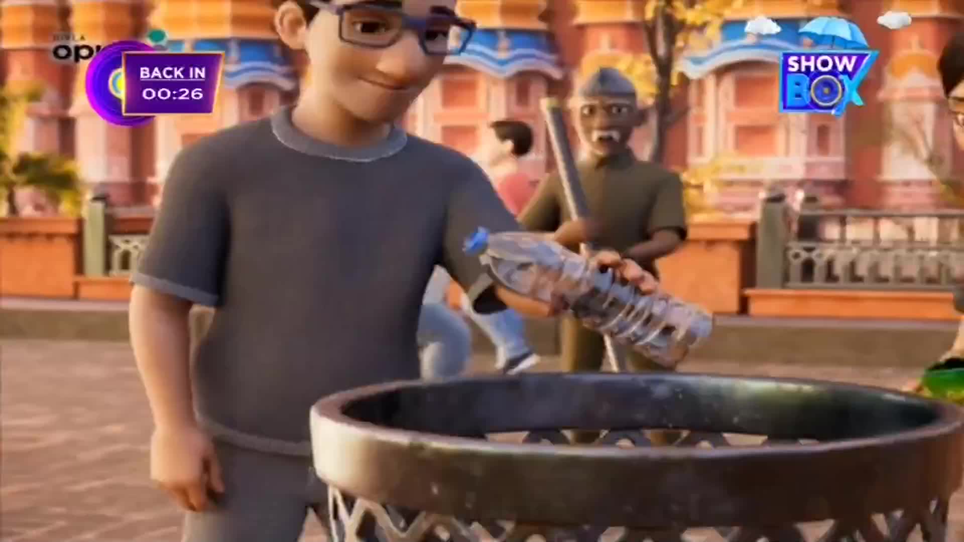 A young man wearing glasses is about to toss a plastic bottle into a trash can. Behind him, a man in a uniform is holding a long stick, perhaps a security guard.
