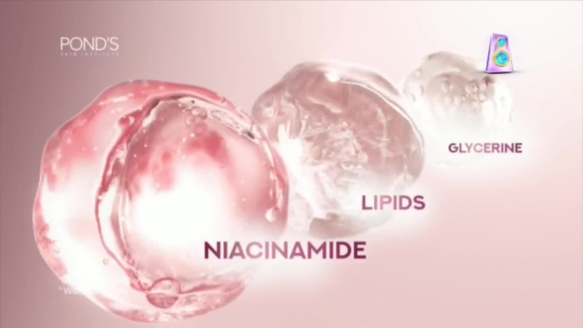 Three translucent, blob-like shapes are arranged across the screen, each labeled with a skincare ingredient. A small, cartoonish speaker sits atop the last one.
